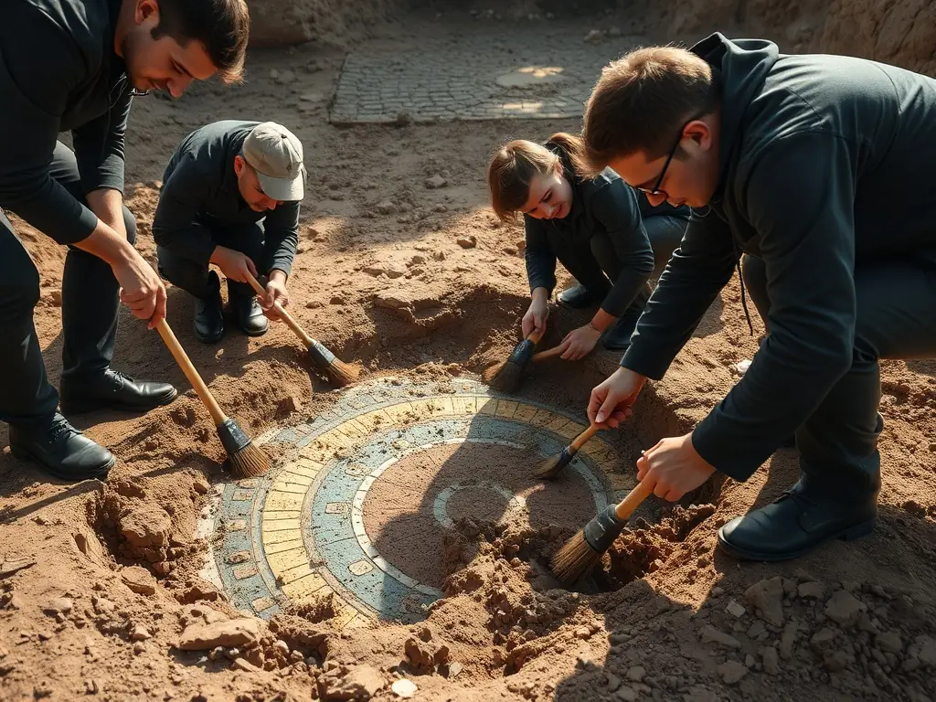 A team of archaeologists carefully excavating an ancient Roman site in Southern France, meticulously brushing away soil to reveal a mosaic floor. The scene captures the dedication and precision involved in archaeological research.