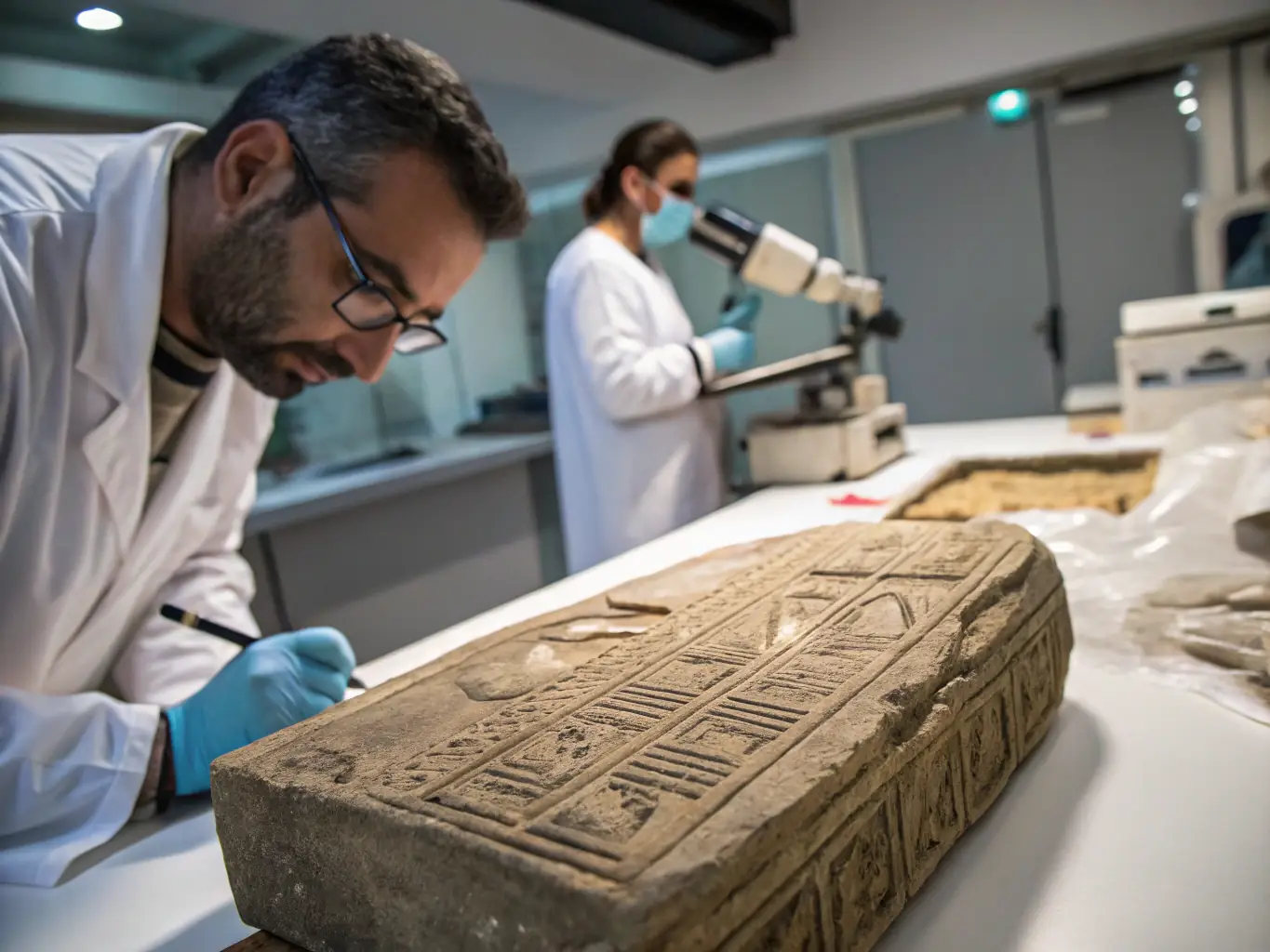 A researcher meticulously documenting ancient inscriptions on a stone tablet using digital photography and 3D scanning technology. The image emphasizes the importance of accurate documentation in preserving cultural heritage.