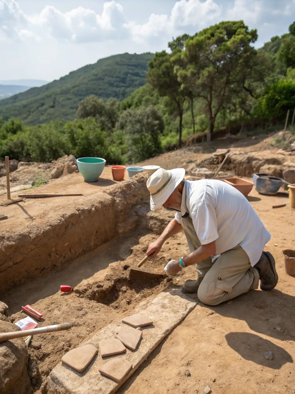A photograph depicting archaeologists carefully excavating an ancient Roman mosaic floor in Southern France, showcasing the meticulous work involved in uncovering historical artifacts.