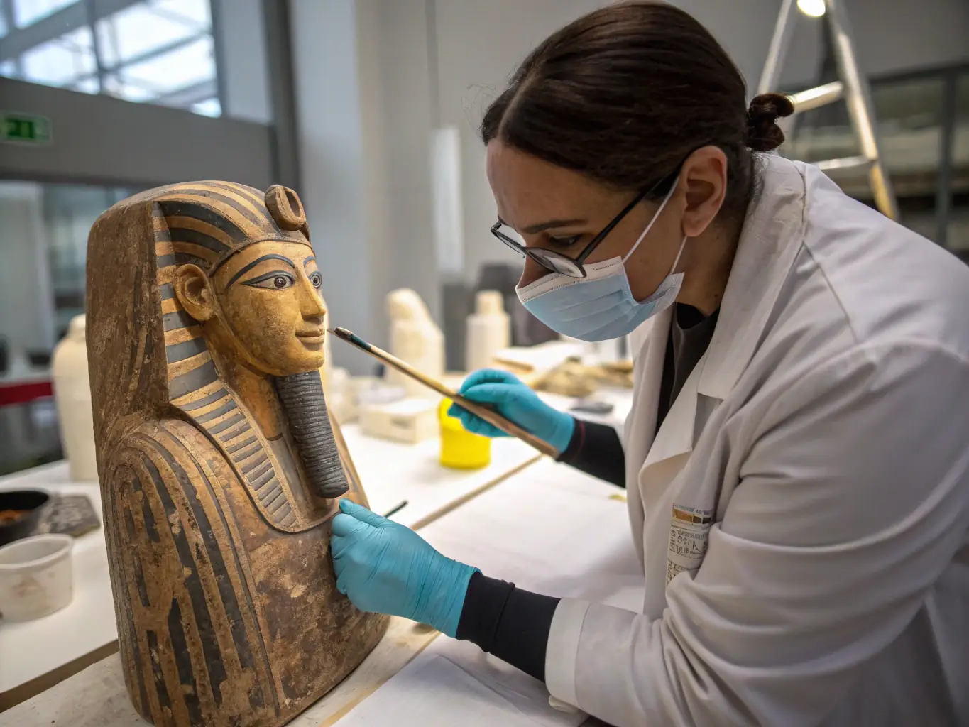 A conservator in a lab meticulously restoring a fragmented ancient Greek vase, piecing it back together with precision tools and adhesives. The image highlights the delicate work of preserving cultural artifacts.